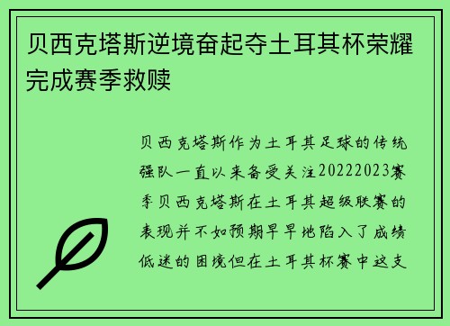 贝西克塔斯逆境奋起夺土耳其杯荣耀完成赛季救赎 贝西克塔斯逆境奋起夺土耳其杯荣耀完成赛季救赎